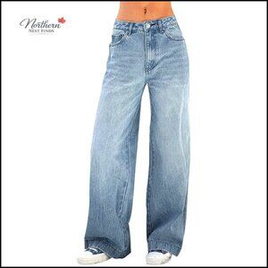 Wide Leg Jeans Mid High Waist Stretchy Straight Leg Baggy Fit